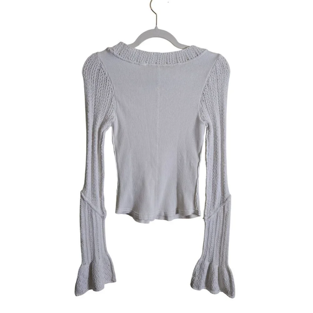 Free People Cuffing Season Round Neck Long Sleeve Top Crochet Detail Size S